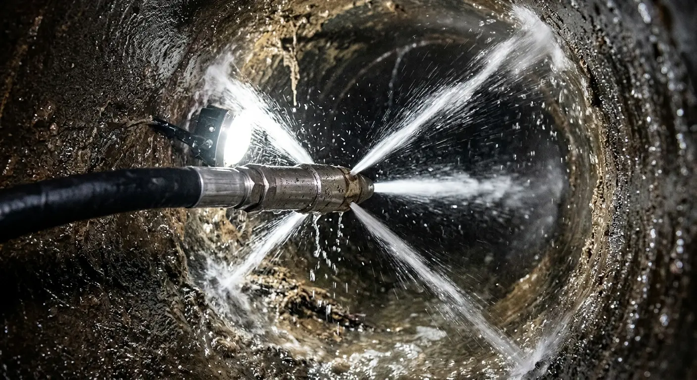High-pressure hydro jetting nozzle cleaning sewer pipe for Emergency Drain Service in College Park