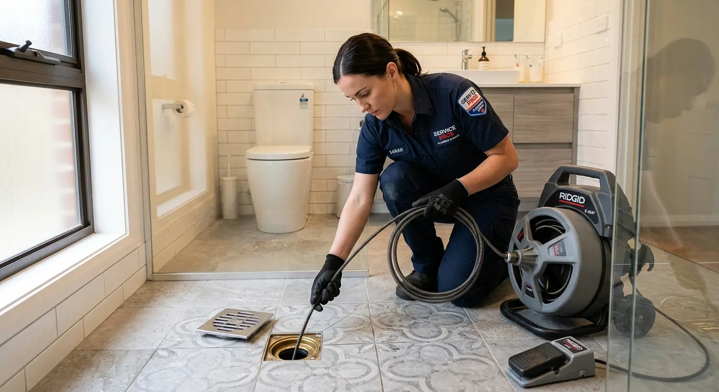Technician clearing a bathroom floor drain for Drain Repair in College Park